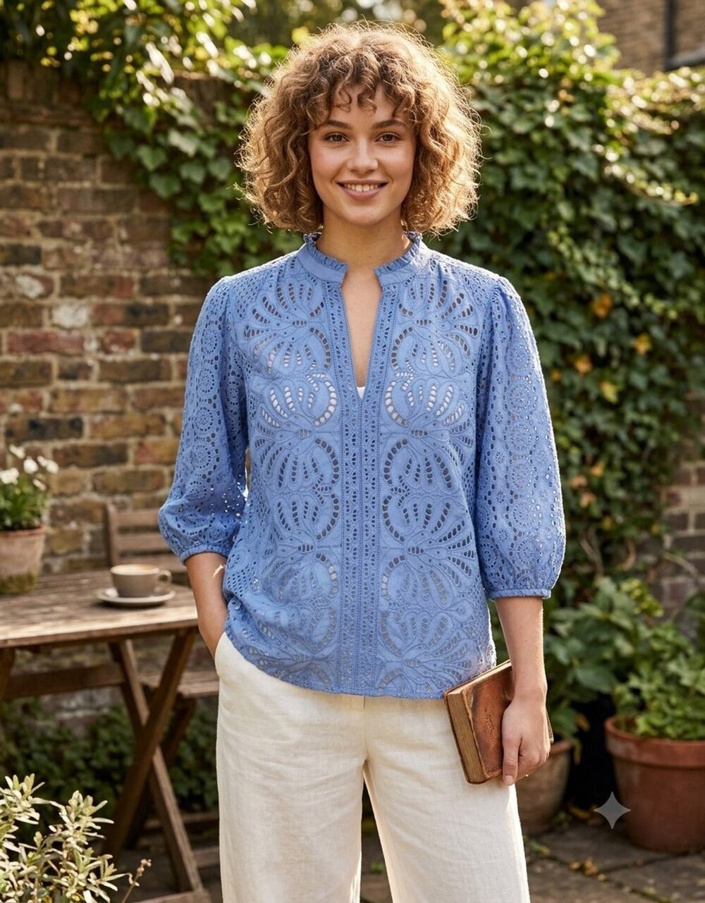 Wrap London Blue Cotton Eyelet Top US 14